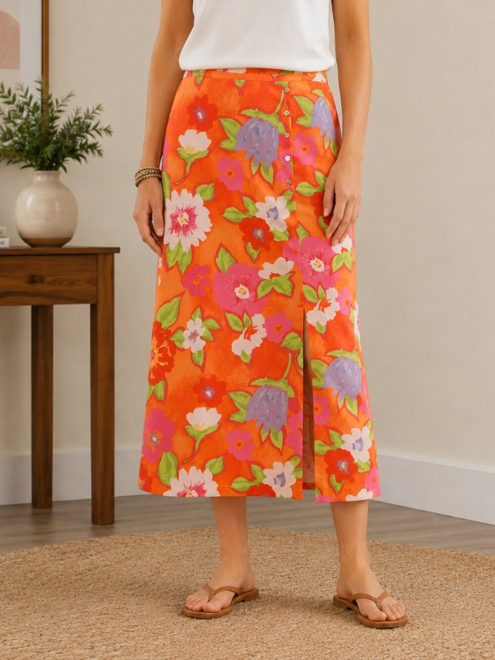 Sigrid Olsen Sport Women’s Sz 8 Skirt Orange Pink Floral Rayon Maxi Long Slit